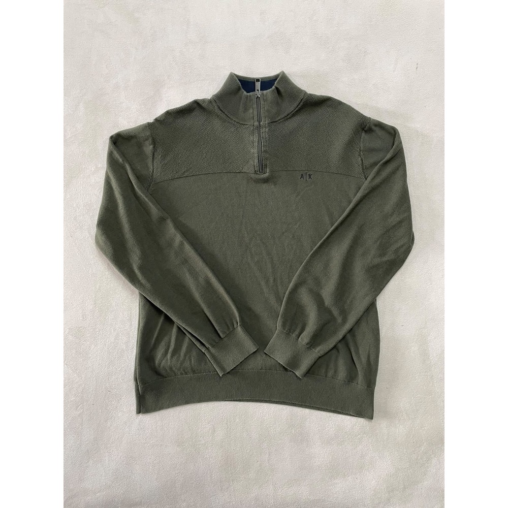 Armani Exchange Mens XL Olive Green Quarter Zip Textured Yoke Sweater 8NZM3F